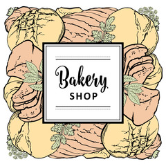 Vector bakery brand logo with loafs of white, brown rye bread, wheat ears and frame for name. Bakeshop menu background, illustration for cafe or restaurant. Baking food package template.