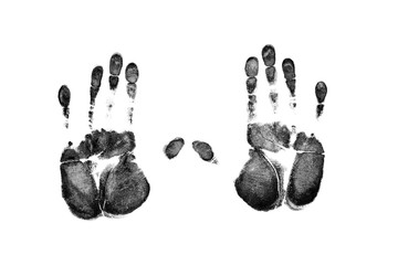 Black prints of hand on transparent paper. Black handprint. Isolated on white. - 240796511