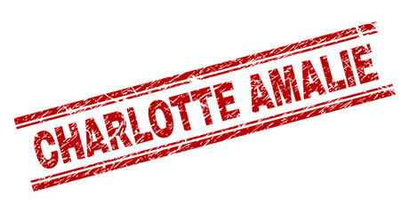 CHARLOTTE AMALIE seal print with corroded style. Red vector rubber print of CHARLOTTE AMALIE text with corroded texture. Text tag is placed between double parallel lines.