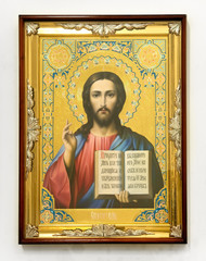 Old wooden icon on white background of jesus christ