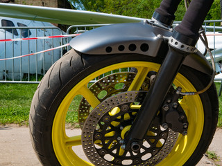 closeup of modern motorbike wheel with snubbers