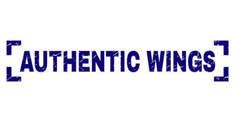 AUTHENTIC WINGS label seal print with grunge texture. Text caption is placed inside corners. Blue vector rubber print of AUTHENTIC WINGS with grunge texture.