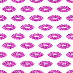 Vector lips pattern. Shiny pink glitter kissing flat lips. Isolated on white.