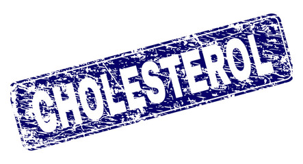 CHOLESTEROL stamp seal print with distress style. Seal shape is a rounded rectangle with frame. Blue vector rubber print of CHOLESTEROL text with dust style.