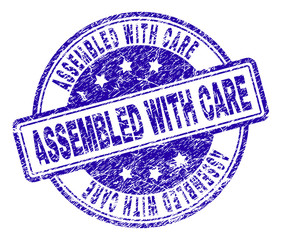 ASSEMBLED WITH CARE stamp seal watermark with grunge texture. Designed with rounded rectangles and circles. Blue vector rubber print of ASSEMBLED WITH CARE text with unclean texture.