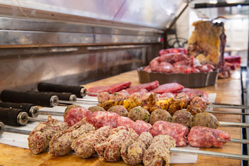 Butcher shop counter fresh raw meat