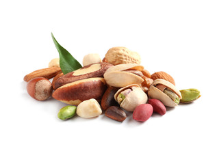 Pile of mixed organic nuts on white background