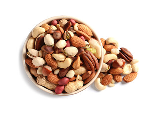 Bowl with mixed organic nuts on white background, top view
