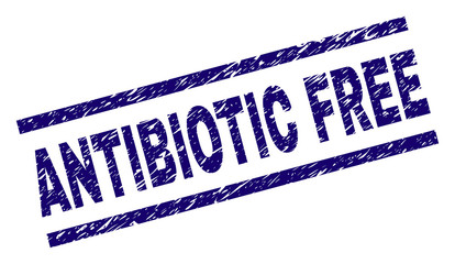 ANTIBIOTIC FREE seal print with scratced style. Blue vector rubber print of ANTIBIOTIC FREE caption with corroded texture. Text caption is placed between parallel lines.