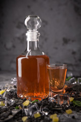Liquor from quince, peach, or apricot. Alcoholic homemade brandy