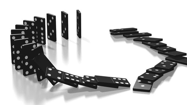 3D domino effect animation - black domino tiles standing in circle fall down, following camera. 