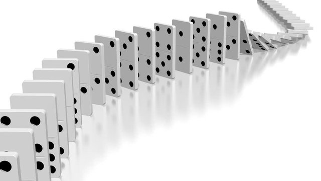 3D domino effect animation - falling white tiles with black dots. 