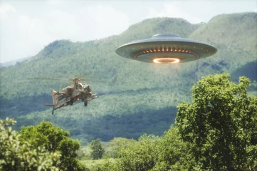 Draagtas wereld oorlog. Militaire helikopter onderschept een niet-geïdentificeerd vliegend object. Concept afbeelding van niet-Pacifische invasie van wezens van andere planeten. © ktsdesign
