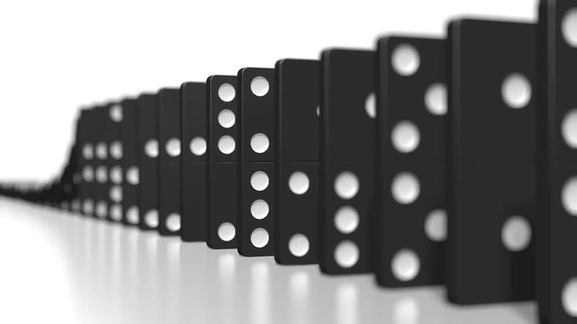 3D domino effect animation - falling black tiles with white dots.