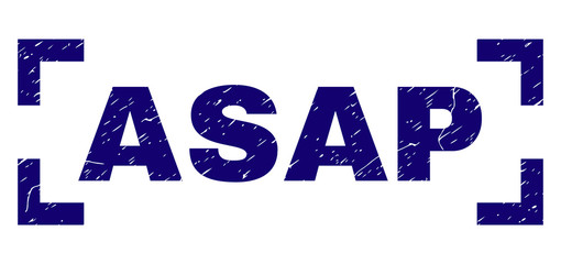 ASAP text seal print with grunge texture. Text label is placed inside corners. Blue vector rubber print of ASAP with unclean texture.