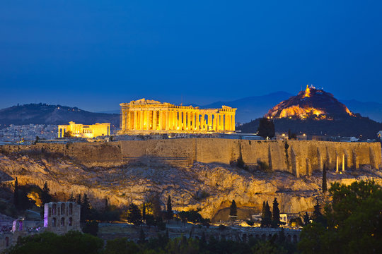 View on Acropolis at night, Athens, Greece