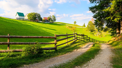 Fototapeta na wymiar Wooden Fence and Countryside Road in Bosaca Village on Durmitor Mountain in Montenegro