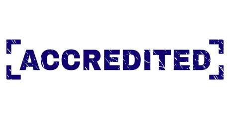ACCREDITED caption seal print with corroded texture. Text tag is placed inside corners. Blue vector rubber print of ACCREDITED with unclean texture.