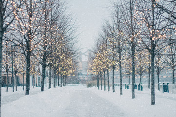 Beautiful blurred winter tree alley with falling snow and shining garlands in twilight.