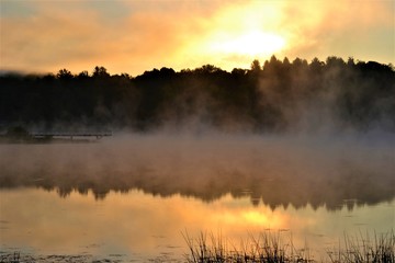 Morning Sunrise Fog Over Lake