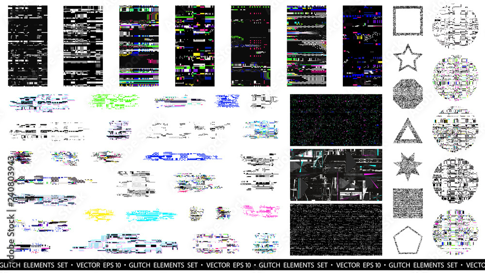 Poster glitch elements set. computer screen error templates. digital pixel noise abstract design. poster de