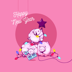 Happy new year, 2019, Chinese new year greetings, Year of the pig. Chinese characters mean Happy New Year, Zodiac sign for greetings card, flyers, invitation, posters, brochure, banners, calendar