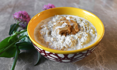 Vegan Savory Breakfast Food of Peanut Butter Oatmeal 