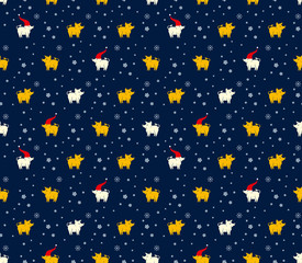 Seamless pattern of yellow and white pigs boars and snowflakes on dark blue background. Flat vector graphics for design.