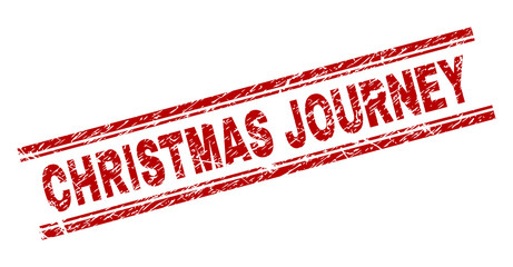 CHRISTMAS JOURNEY seal print with grunge texture. Red vector rubber print of CHRISTMAS JOURNEY title with unclean texture. Text title is placed between double parallel lines.