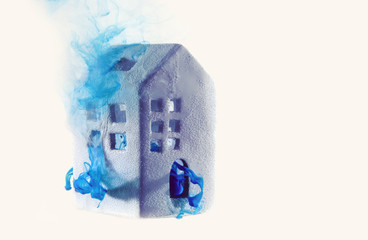 house blue water color acrylic paint white inside small tiny petite ceramic blue smoke could