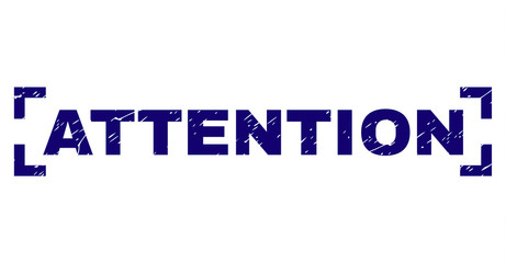 ATTENTION title seal imprint with distress texture. Text title is placed between corners. Blue vector rubber print of ATTENTION with unclean texture.