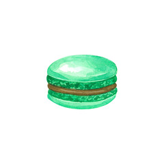 Green macaron with chocolet brown filling. Hand drawn watercolor illustration. Isolated on white background.