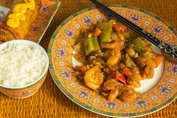 Kung Pao Shrimp Dinner on Bamboo Mat with Thailand Dishes