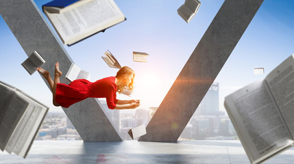 Woman fly in air and use mobile. Mixed media © Sergey Nivens