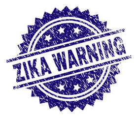 ZIKA WARNING stamp seal watermark with distress style. Blue vector rubber print of ZIKA WARNING tag with dust texture.