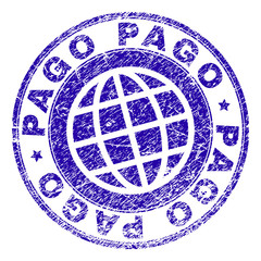 PAGO stamp imprint with distress texture. Blue vector rubber seal imprint of PAGO tag with retro texture. Seal has words arranged by circle and planet symbol.