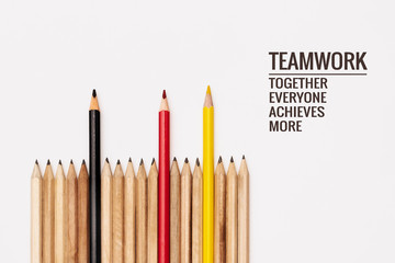 Teamwork concept. group of pencil on white background with word Teamwork, Together, Everyone, Achieves and More