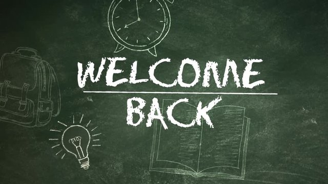 Welcome Back to School on Chalkboard Camera Pan features animated text and camera with a green chalkboard background with animated school elements