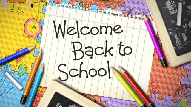Welcome Back to School on Paper features an animated welcome back to school text on a lined piece of paper and rotating camera action with school elements