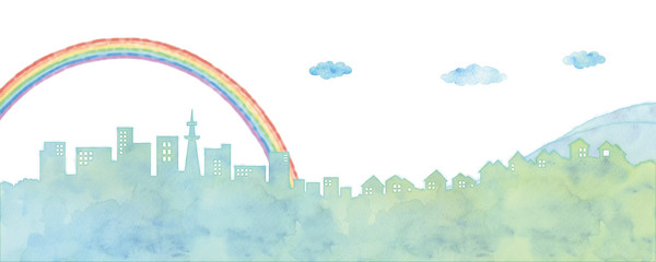 街並みと虹のイラスト