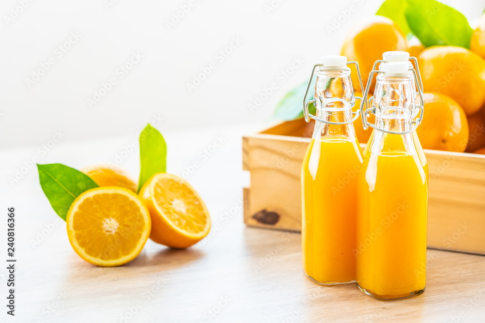 Poster Fresh orange juice for drink in bottle glass