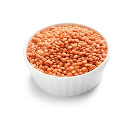 Bowl with red lentils on white background. Natural food high in protein