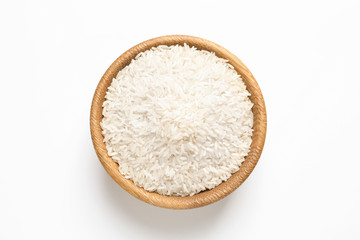 Fototapeta na wymiar Bowl with rice on white background, top view. Natural food high in protein