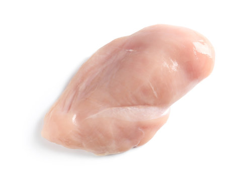 Raw chicken fillet on white background, top view. Natural food high in protein