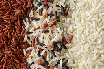 Brown and other types of rice as background, closeup