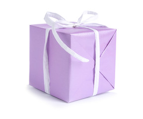 Beautiful gift box with ribbon on white background