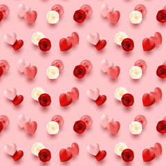 Set of hearts and flowers on pink background