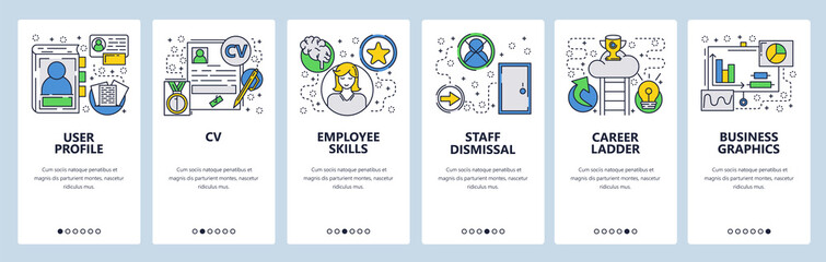 Web site onboarding screens. CV, Resume and career ladder. Menu vector banner template for website and mobile app development. Modern design linear art flat illustration.