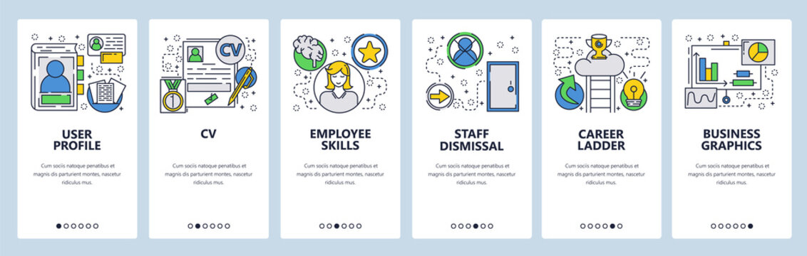 Web site onboarding screens. CV, Resume and career ladder. Menu vector banner template for website and mobile app development. Modern design linear art flat illustration.