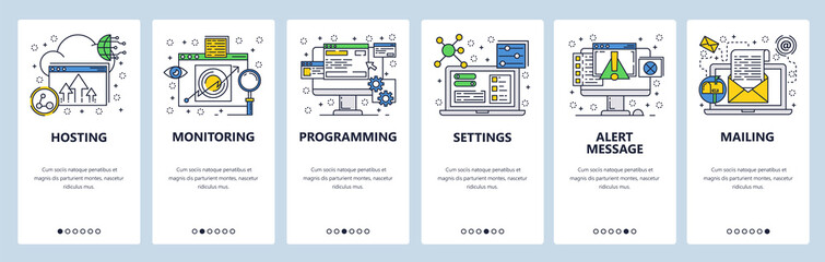 Web site onboarding screens. Computer and internet services, coding. Menu vector banner template for website and mobile app development. Modern design linear art flat illustration.
